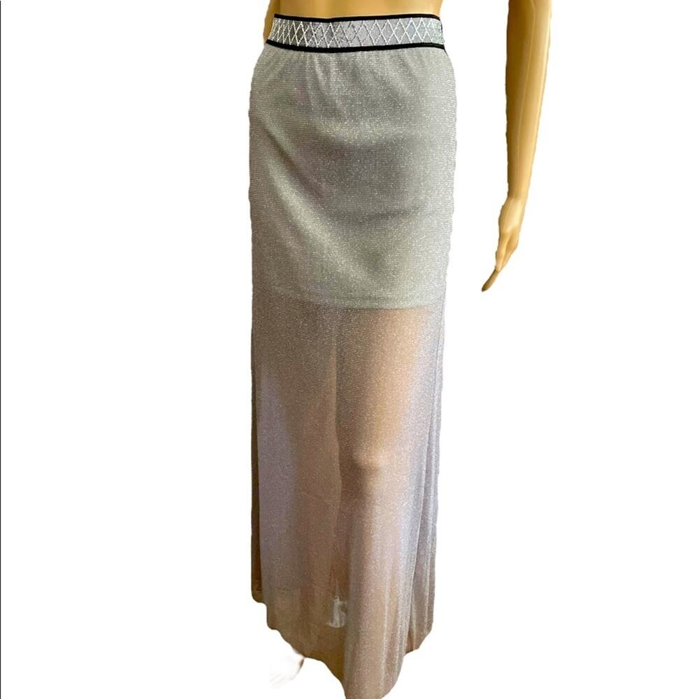 Chelsea Long Skirt Womens L Silver Sparkle Elastic Waist Lined Stretch Festival